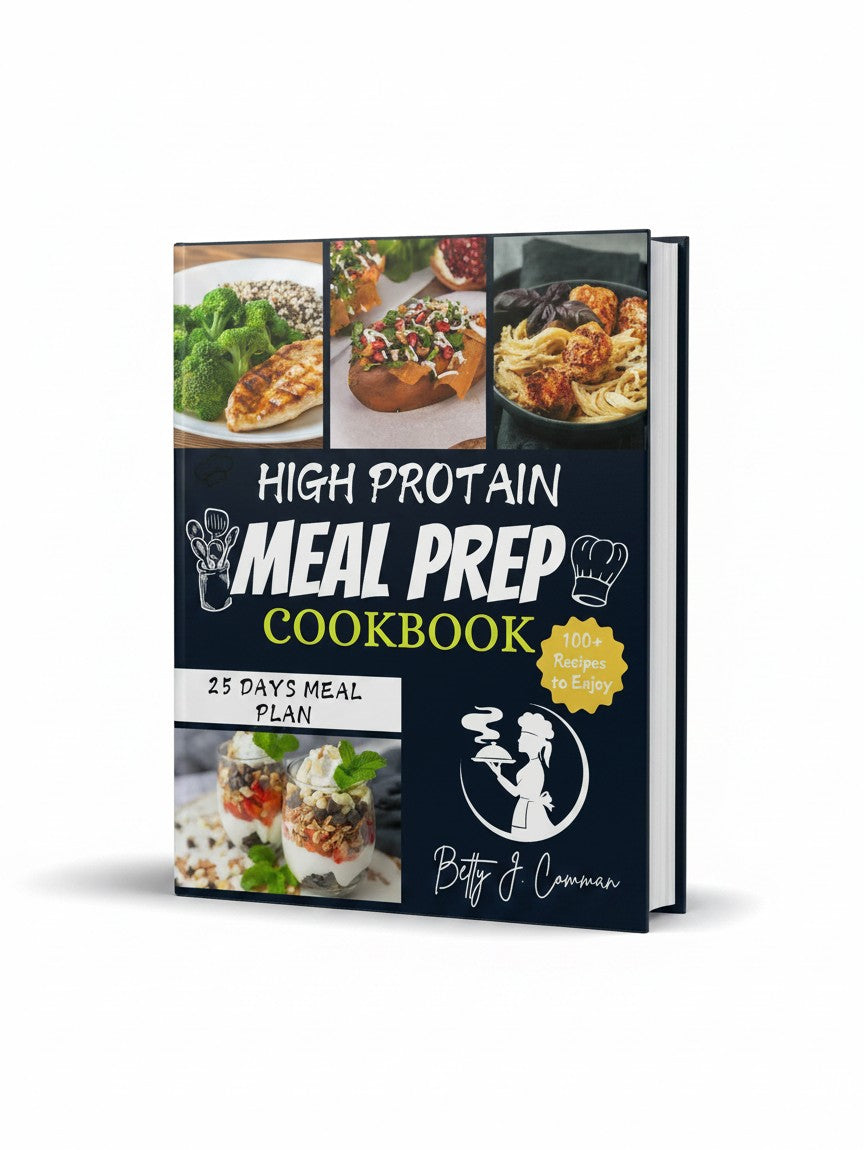 BestBuyBook High Protein Meal Prep Cookbook 2025 featuring healthy recipe photos and a 25-day meal plan guide.