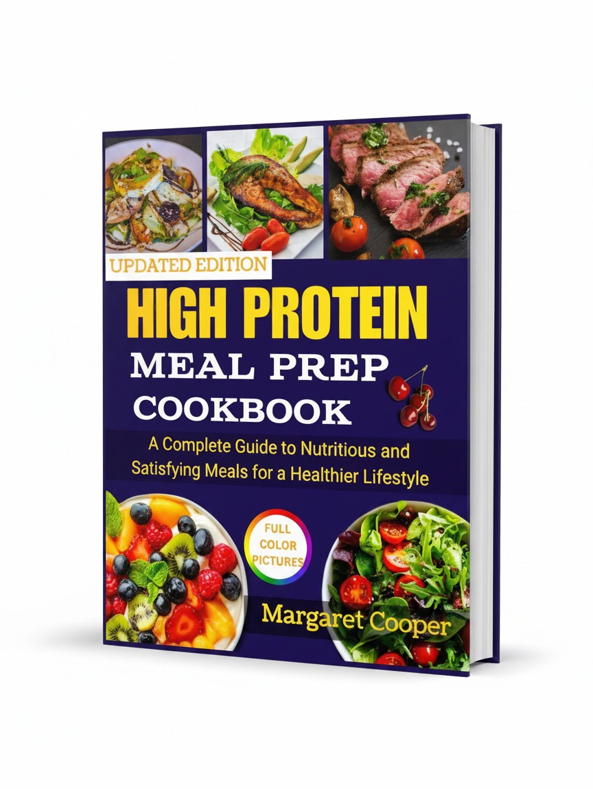 BestBuyBook High Protein Meal Prep Cookbook featuring full color photos of healthy meals on a dark blue cover.