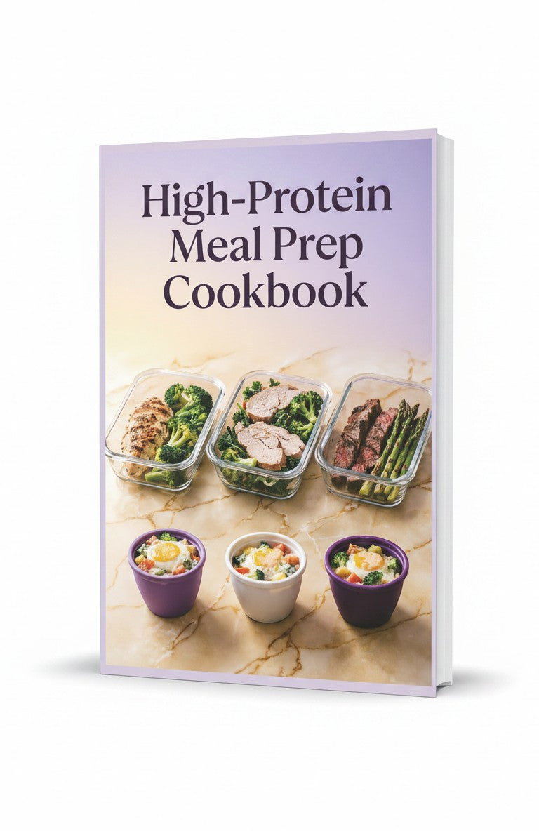 BestBuyBook High-Protein Meal Prep Cookbook cover featuring glass containers of healthy meals and egg breakfast bowls.