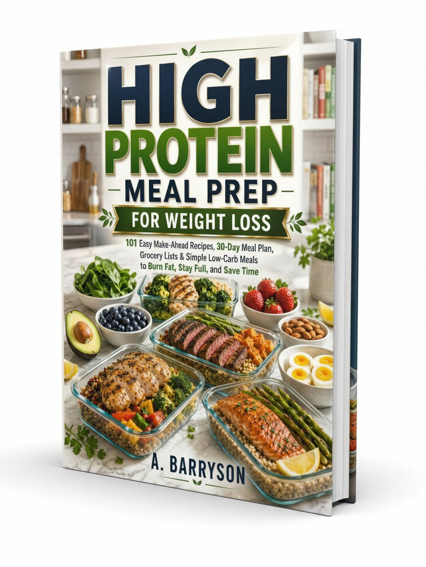 BestBuyBook High Protein Meal Prep for Weight Loss cookbook featuring healthy meal containers on a kitchen counter