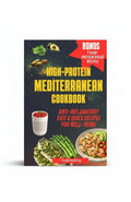 BestBuyBook High-Protein Mediterranean Cookbook featuring healthy recipes, fresh ingredients, and a 4-week meal plan.
