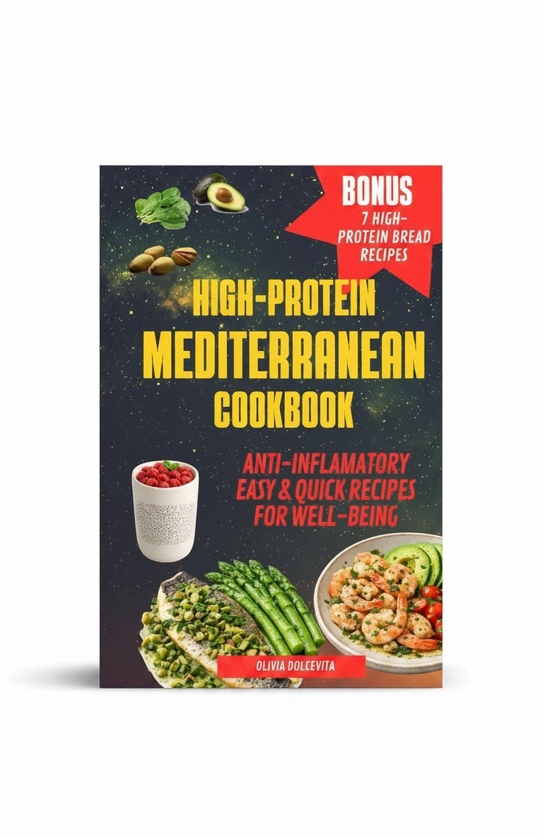 BestBuyBook High-Protein Mediterranean Cookbook featuring healthy recipes, fresh ingredients, and a 4-week meal plan.
