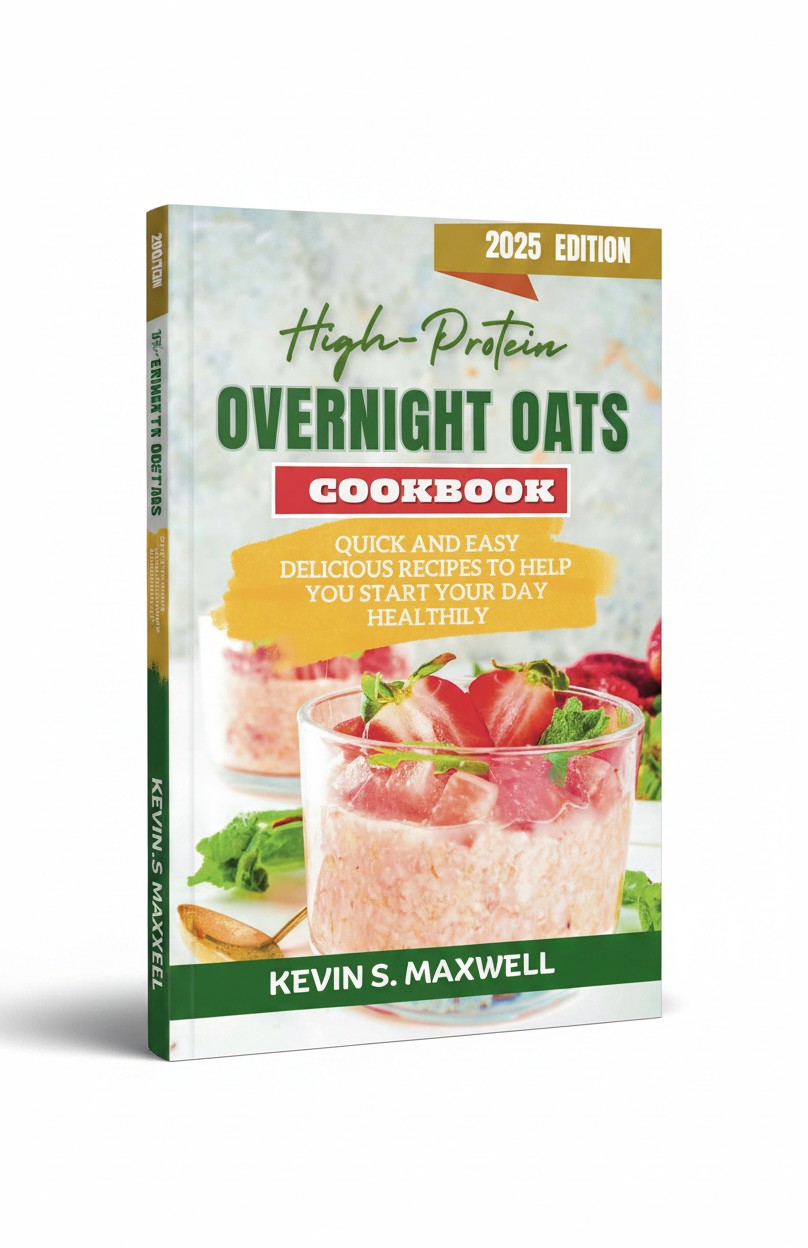 BestBuyBook High-Protein Overnight Oats Cookbook by Kevin S. Maxwell featuring a strawberry oat breakfast jar.