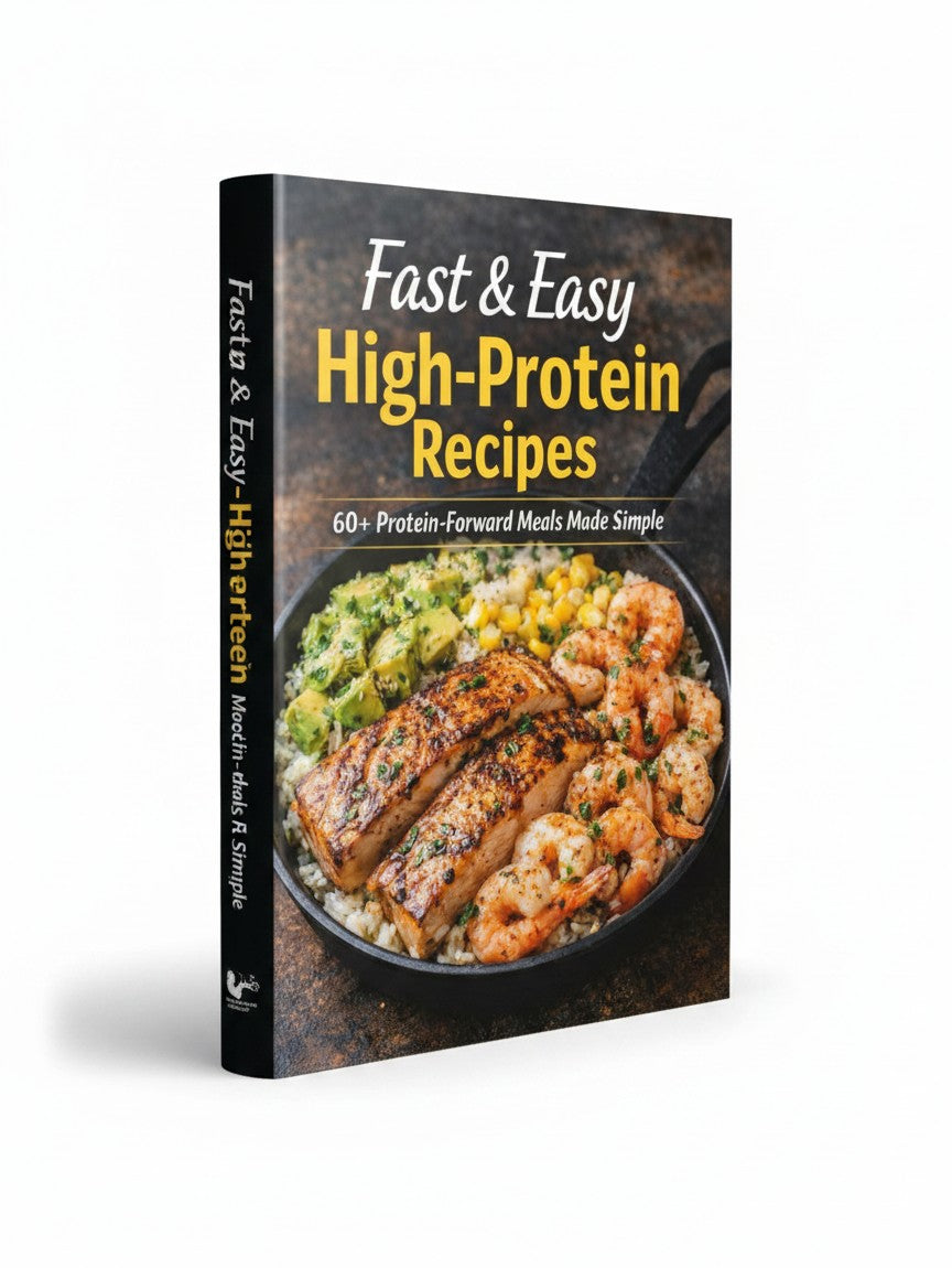 BestBuyBook Fast & Easy High-Protein Recipes cookbook cover featuring a skillet of grilled fish and shrimp.