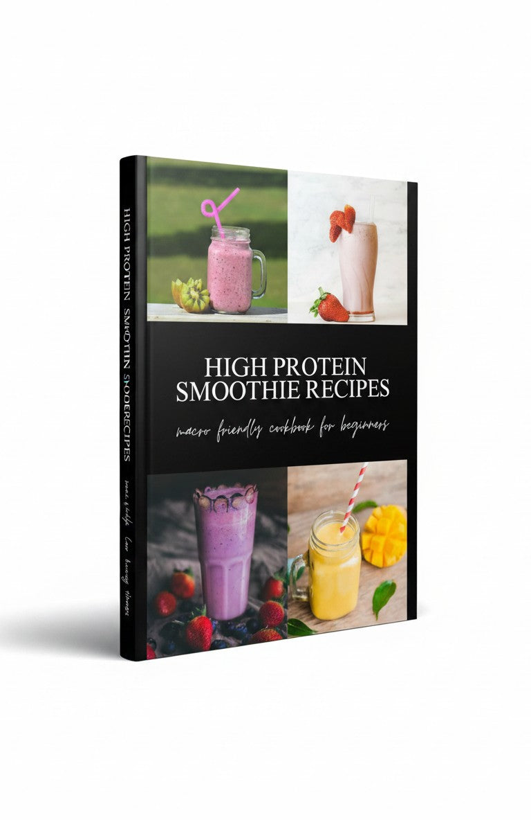 BestBuyBook High Protein Smoothie Recipes cookbook featuring photos of colorful fruit smoothies on the cover.
