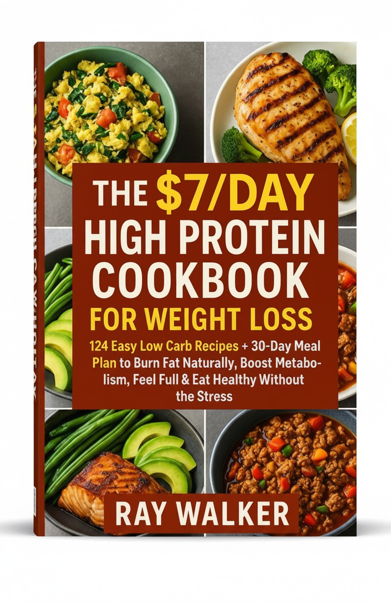 BestBuyBook The $7/Day High Protein Cookbook for Weight Loss featuring 124 low carb recipes and a 30-day meal plan.