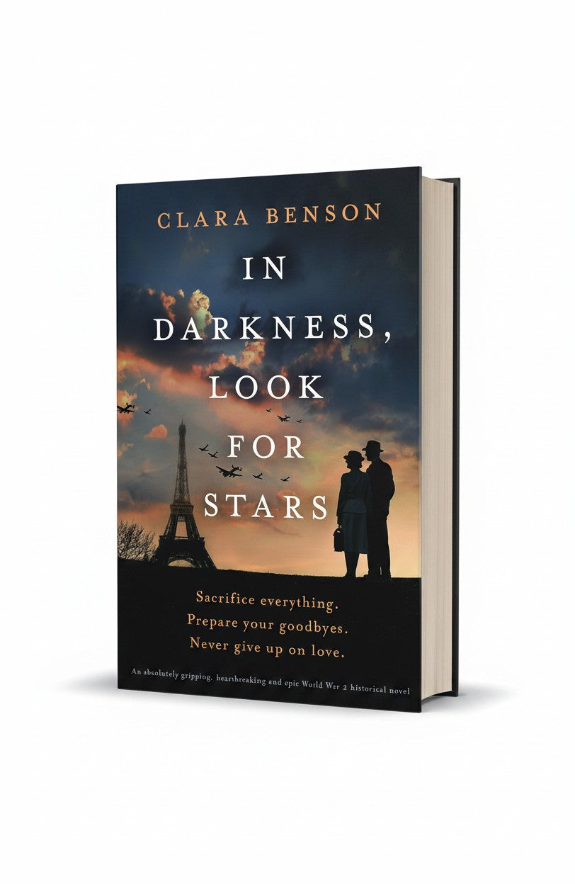 BestBuyBook paperback cover of In Darkness, Look for Stars by Clara Benson featuring a silhouette of a couple in Paris
