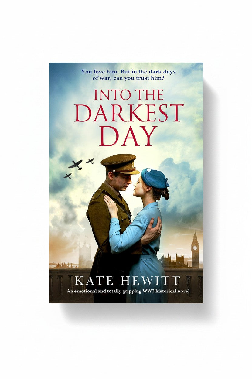 BestBuyBook cover of Into the Darkest Day by Kate Hewitt featuring a 1940s couple embracing against a London skyline.