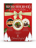 BestBuyBook Keto Holiday Cookbook cover featuring festive red background, white Christmas trees, and food photography.