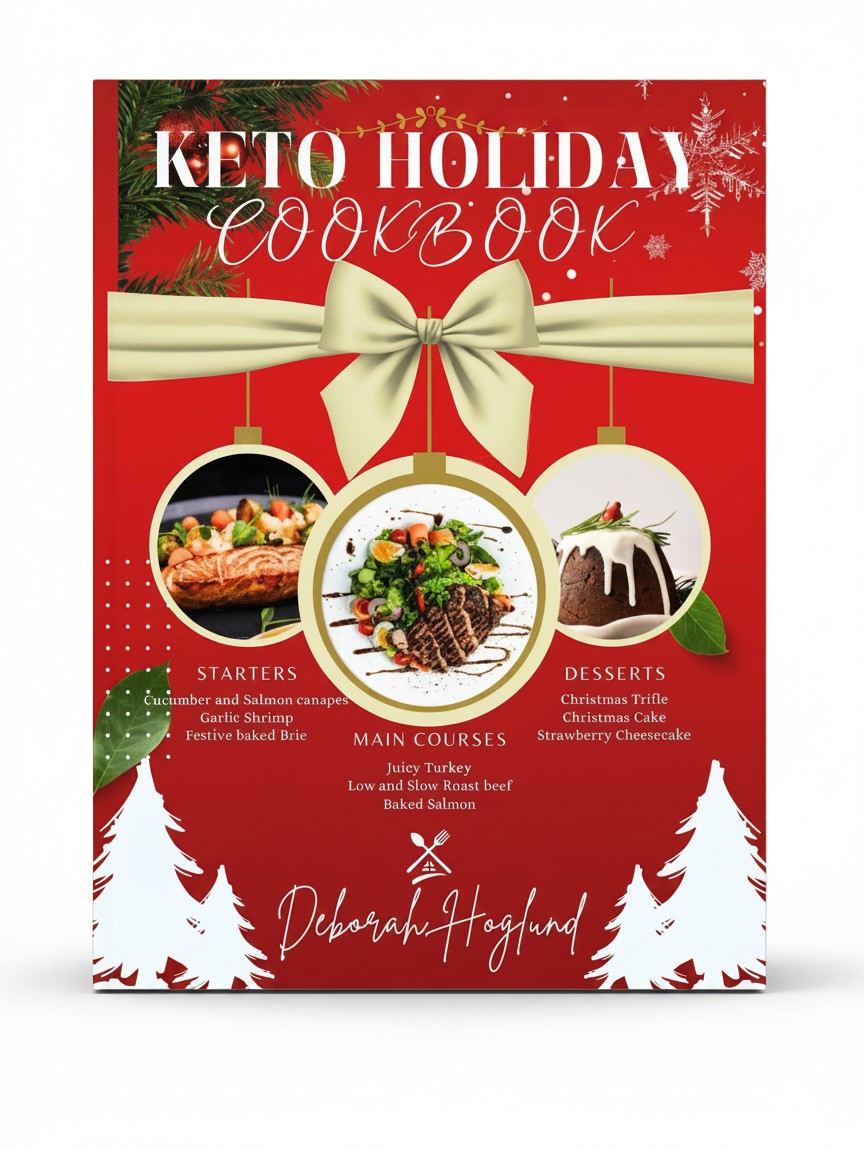 BestBuyBook Keto Holiday Cookbook cover featuring festive red background, white Christmas trees, and food photography.