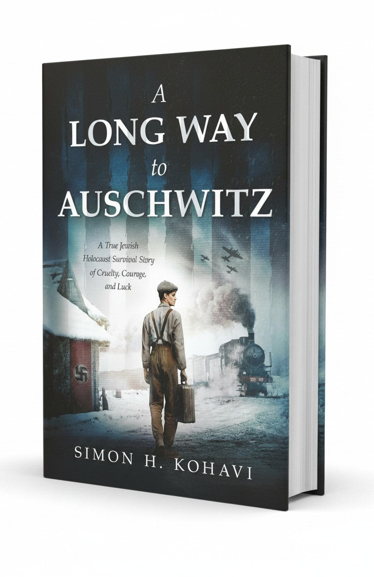 BestBuyBook paperback cover of A Long Way to Auschwitz by Simon H. Kohavi featuring a man with a suitcase near a train