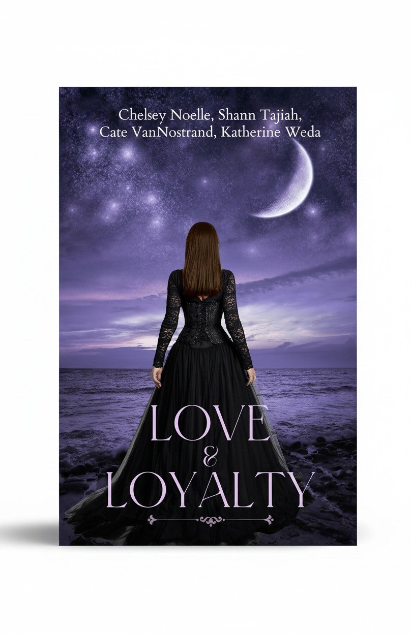 BestBuyBook Love and Loyalty fantasy book cover featuring a woman in a black gown standing before a starry night sea.