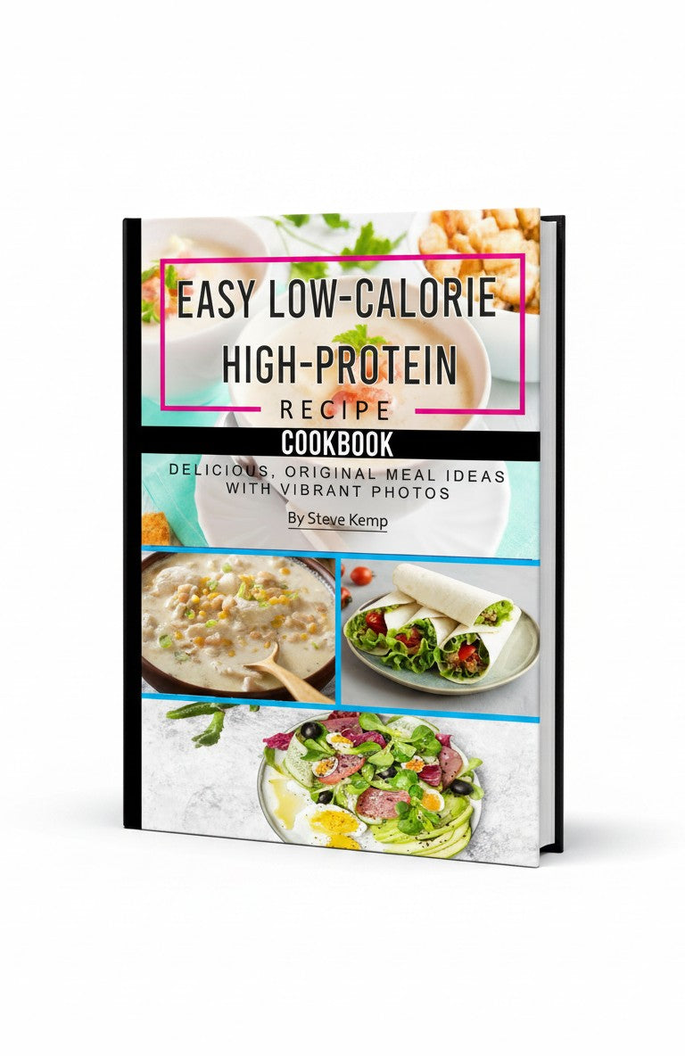 BestBuyBook Easy Low-Calorie High-Protein Recipe Cookbook cover featuring vibrant food photography of healthy meals.