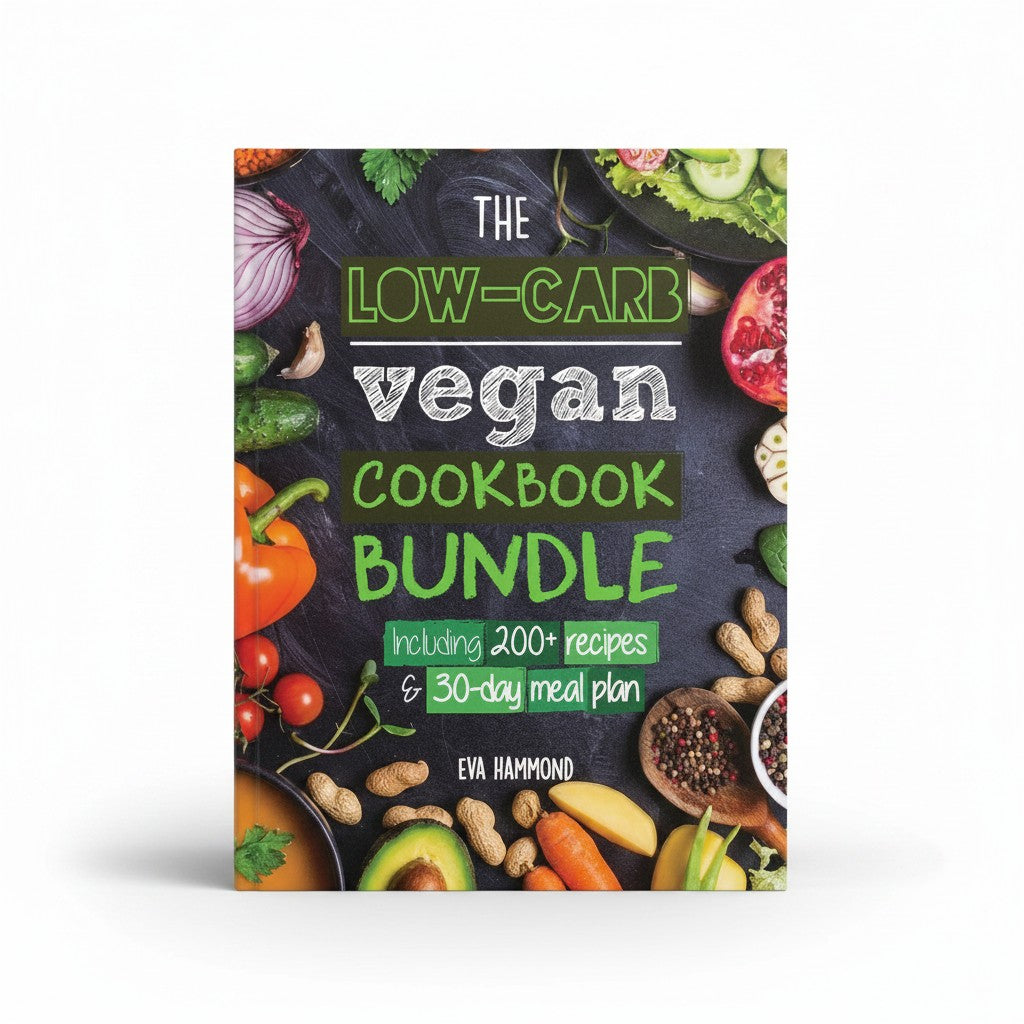 BestBuyBook The Low Carb Vegan Cookbook Bundle featuring 200+ recipes and a 30-day meal plan on a dark vegetable background