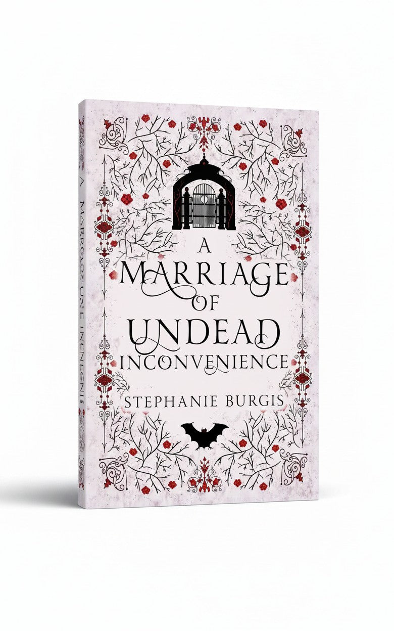 BestBuyBook cover of A Marriage of Undead Inconvenience featuring gothic floral illustrations, a gate, and a bat.