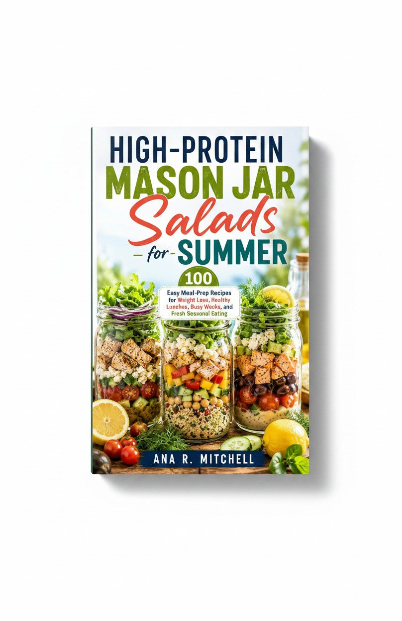 BestBuyBook High-Protein Mason Jar Salads for Summer cookbook featuring vibrant layered salad recipes in glass jars.