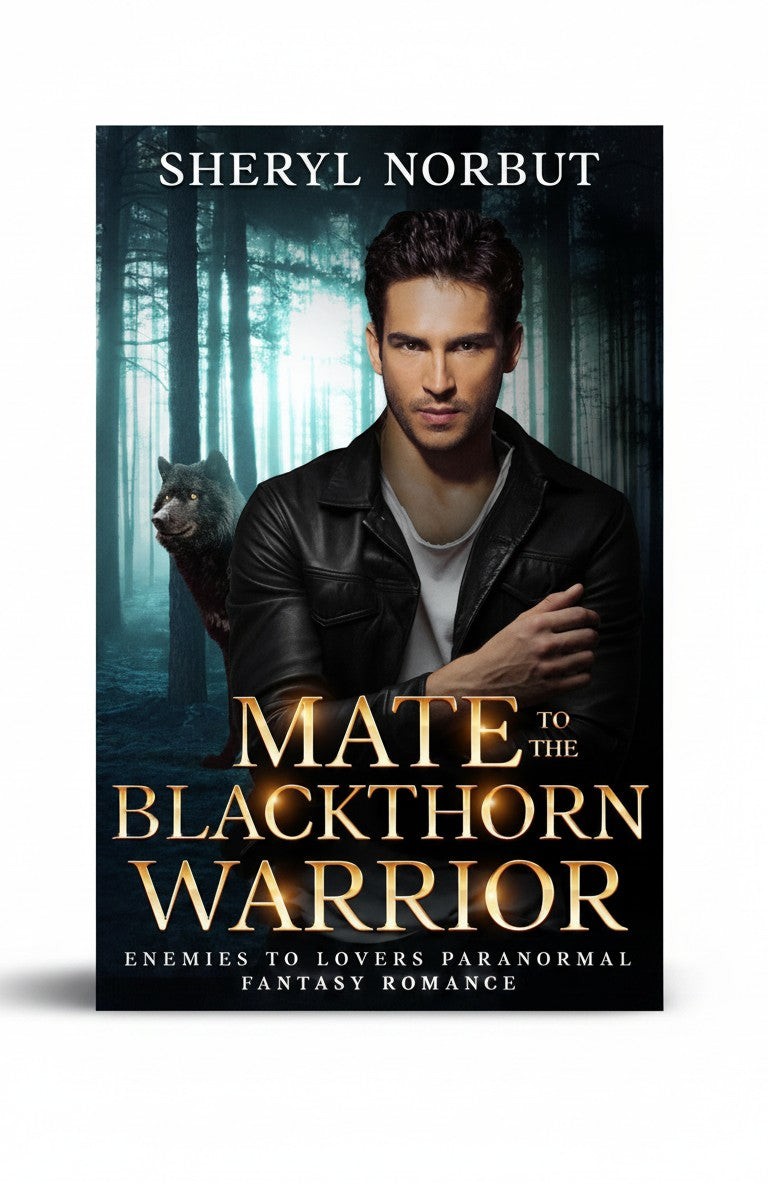 BestBuyBook book cover for Mate to the Blackthorn Warrior featuring a handsome man and a wolf in a dark forest.