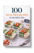 BestBuyBook 100 Meal Prep Recipes in 10 Minutes cookbook cover featuring glass containers with healthy food