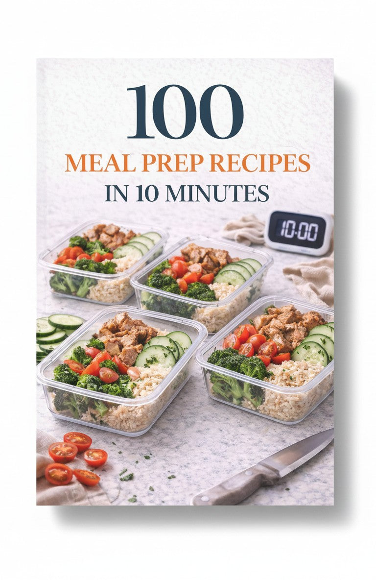BestBuyBook 100 Meal Prep Recipes in 10 Minutes cookbook cover featuring glass containers with healthy food