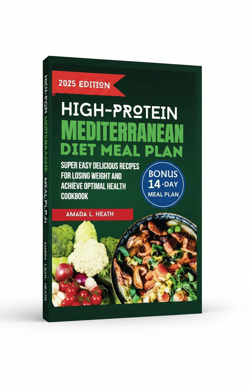 BestBuyBook High-Protein Mediterranean Diet Meal Plan cookbook featuring a 14-day meal plan and healthy recipe photos.