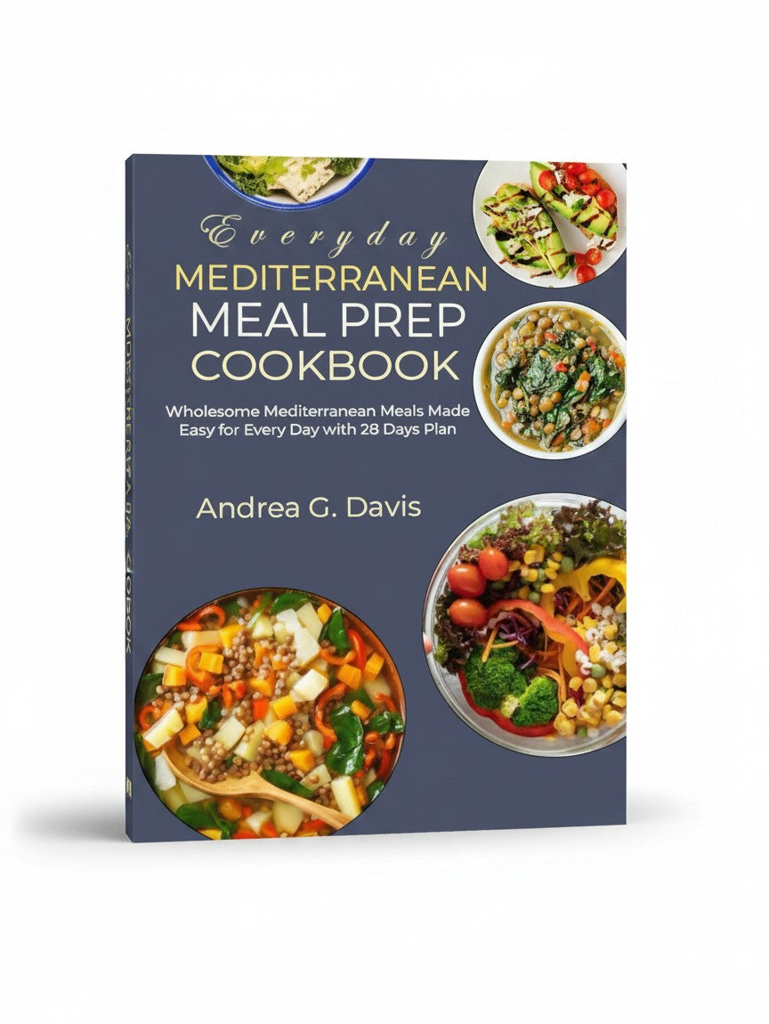 BestBuyBook Everyday Mediterranean Meal Prep Cookbook featuring a 28-day plan and healthy recipe photos on the cover.