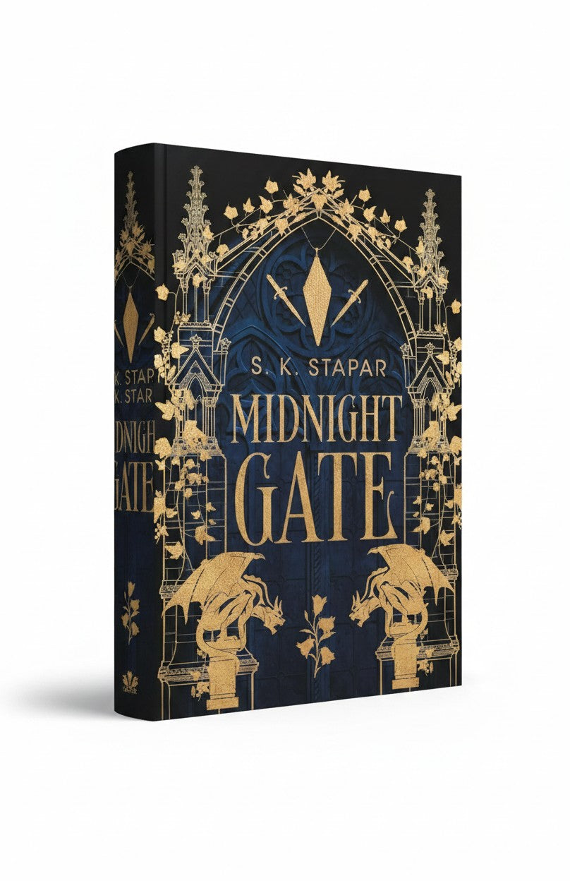 BestBuyBook Midnight Gate by S. K. Stapar, a fantasy romance novel with a black and gold gothic gate cover design.