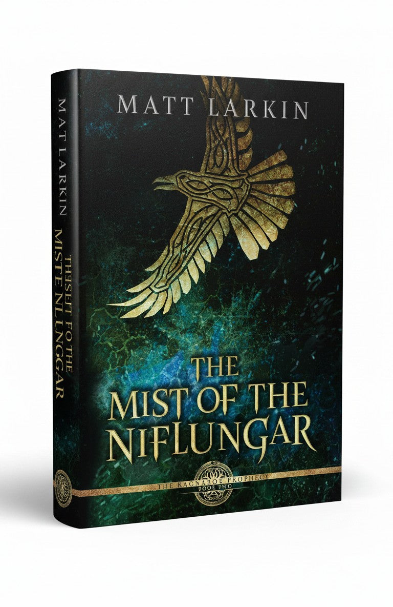 BestBuyBook The Mist of the Niflungar book cover featuring a golden raven illustration on a dark icy green background
