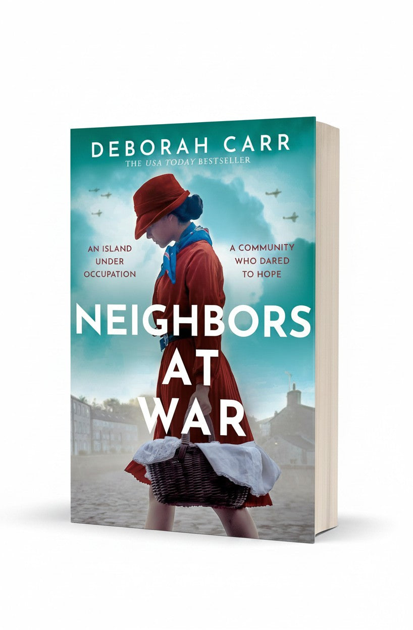 BestBuyBook cover of Neighbors at War by Deborah Carr featuring a woman in a red coat and hat walking on a beach.