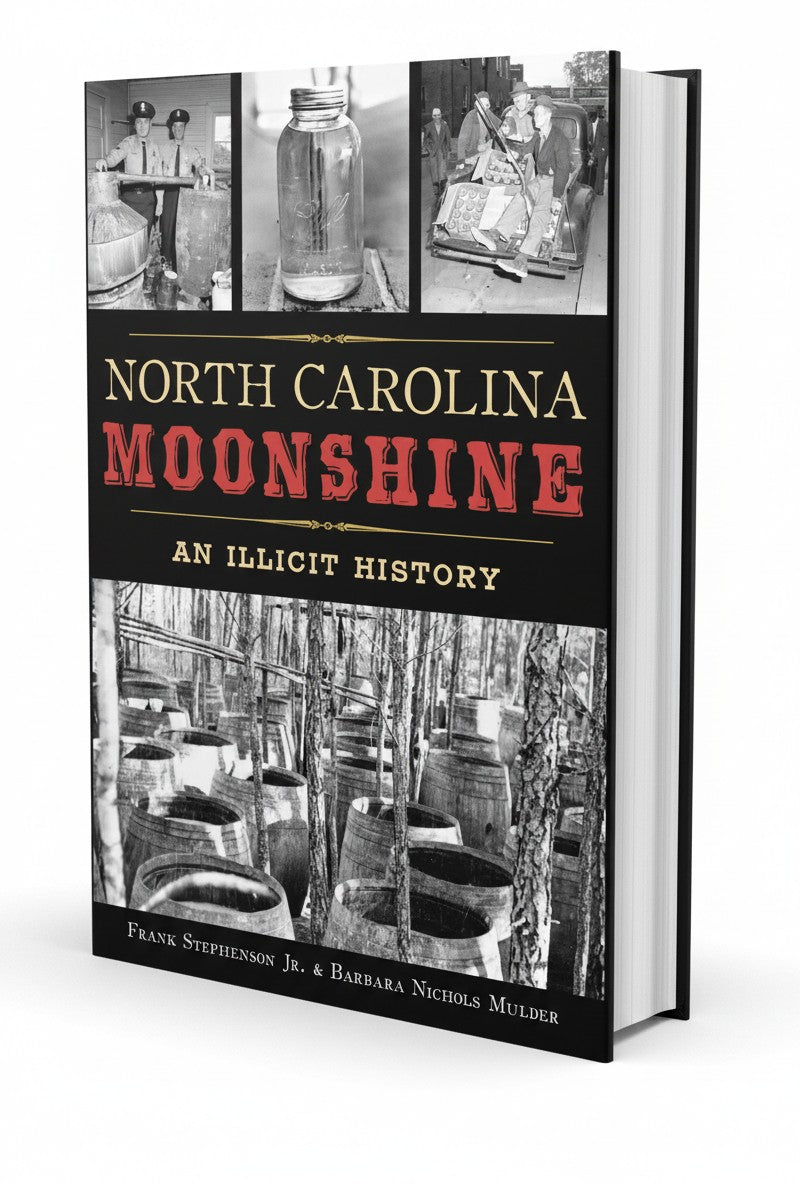 BestBuyBook North Carolina Moonshine book cover featuring historical black and white photos of moonshining and barrels.