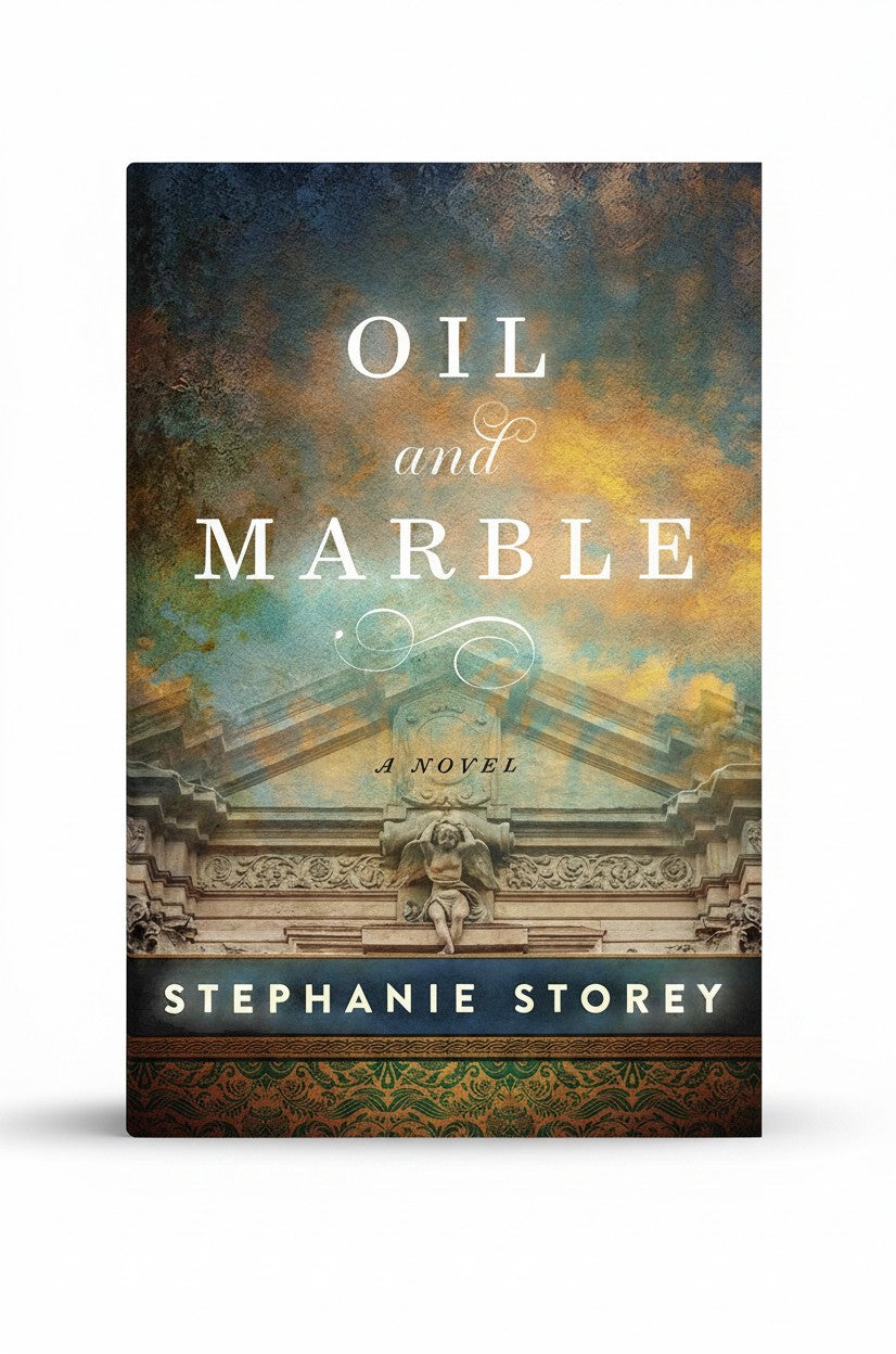 BestBuyBook cover of Oil and Marble by Stephanie Storey featuring a Renaissance architectural detail and cloudy sky.