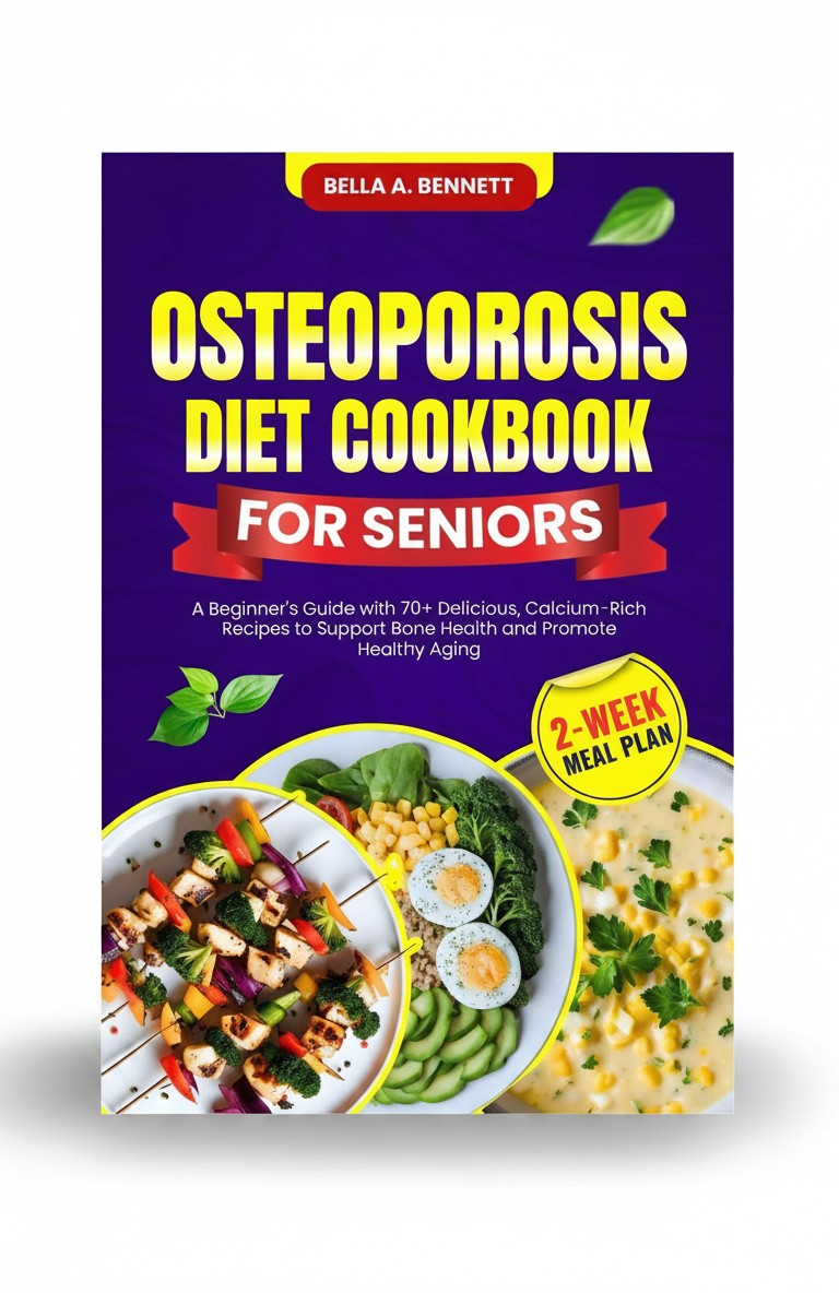BestBuyBook Osteoporosis Diet Cookbook for Seniors featuring calcium-rich meal photography on a purple background.