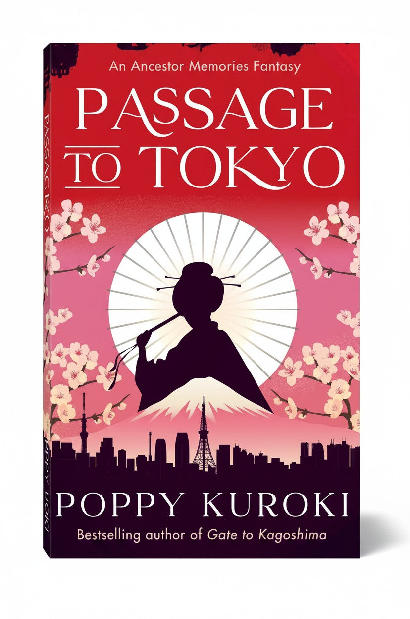 BestBuyBook Passage to Tokyo book cover featuring a silhouette of a woman with a parasol against a red sunset