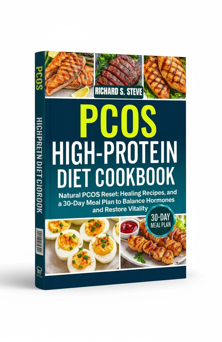 BestBuyBook PCOS High-Protein Diet Cookbook featuring healthy meal photos and a 30-day meal plan for hormone balance.