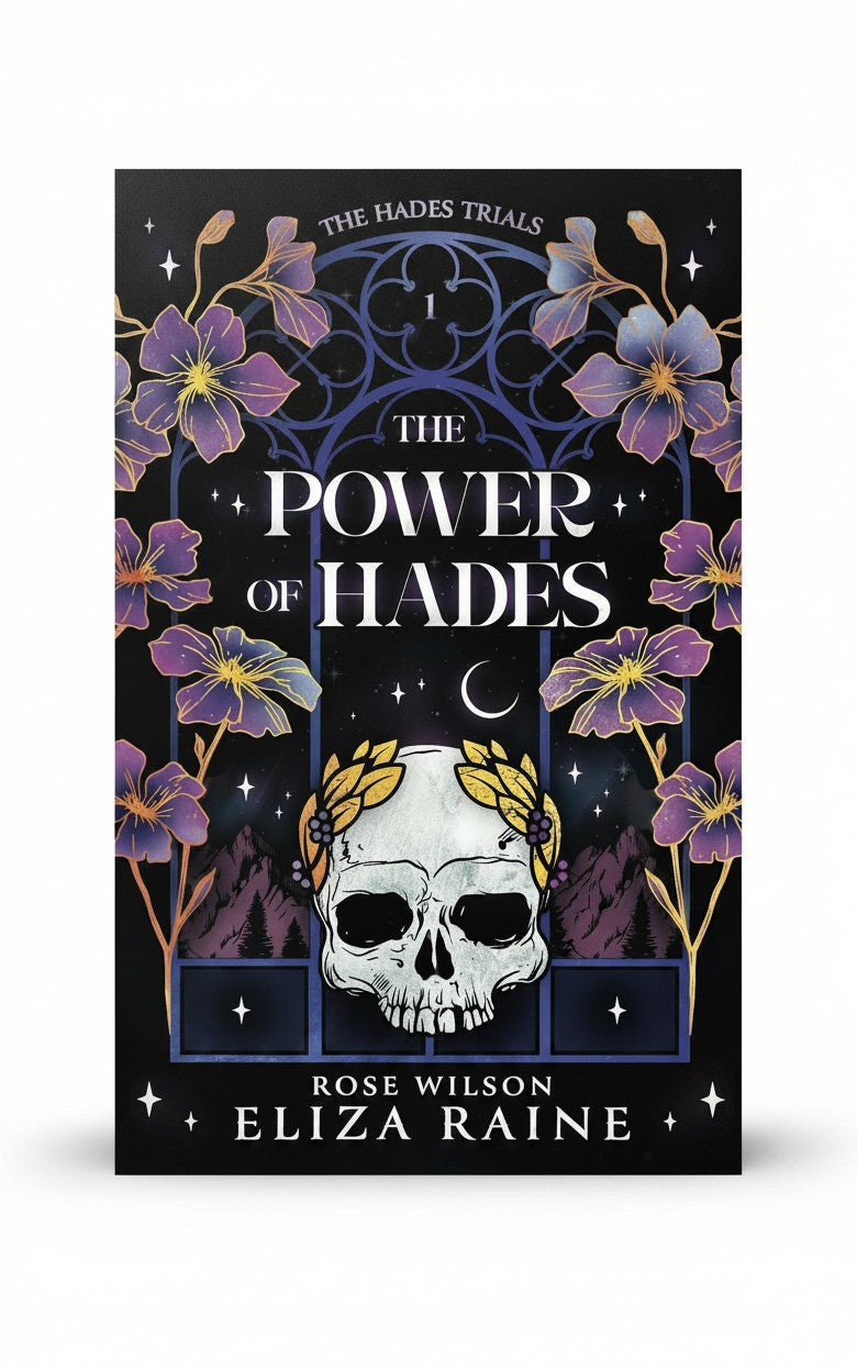 BestBuyBook The Power of Hades book cover featuring a skull with a gold laurel wreath and purple flowers on black