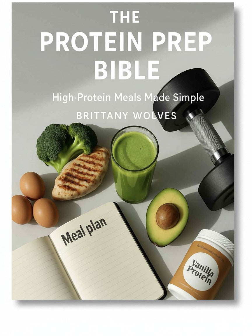 BestBuyBook The Protein Prep Bible cookbook cover featuring a dumbbell, fresh food, and protein powder.