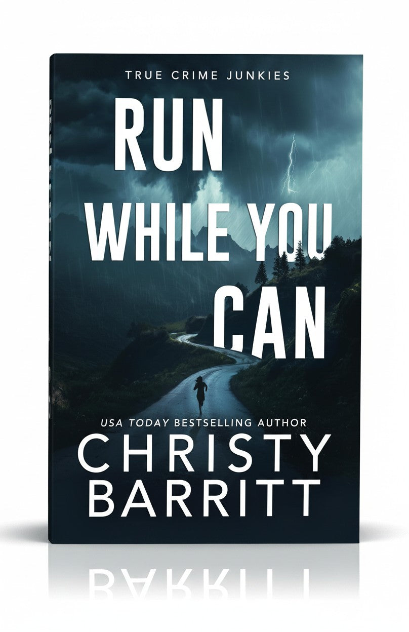 BestBuyBook Run While You Can by Christy Barritt book cover featuring a runner on a dark, stormy road