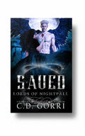 BestBuyBook cover art for Saved by C.D. Gorri featuring a winged demon and a woman holding a rose in a dark fantasy setting