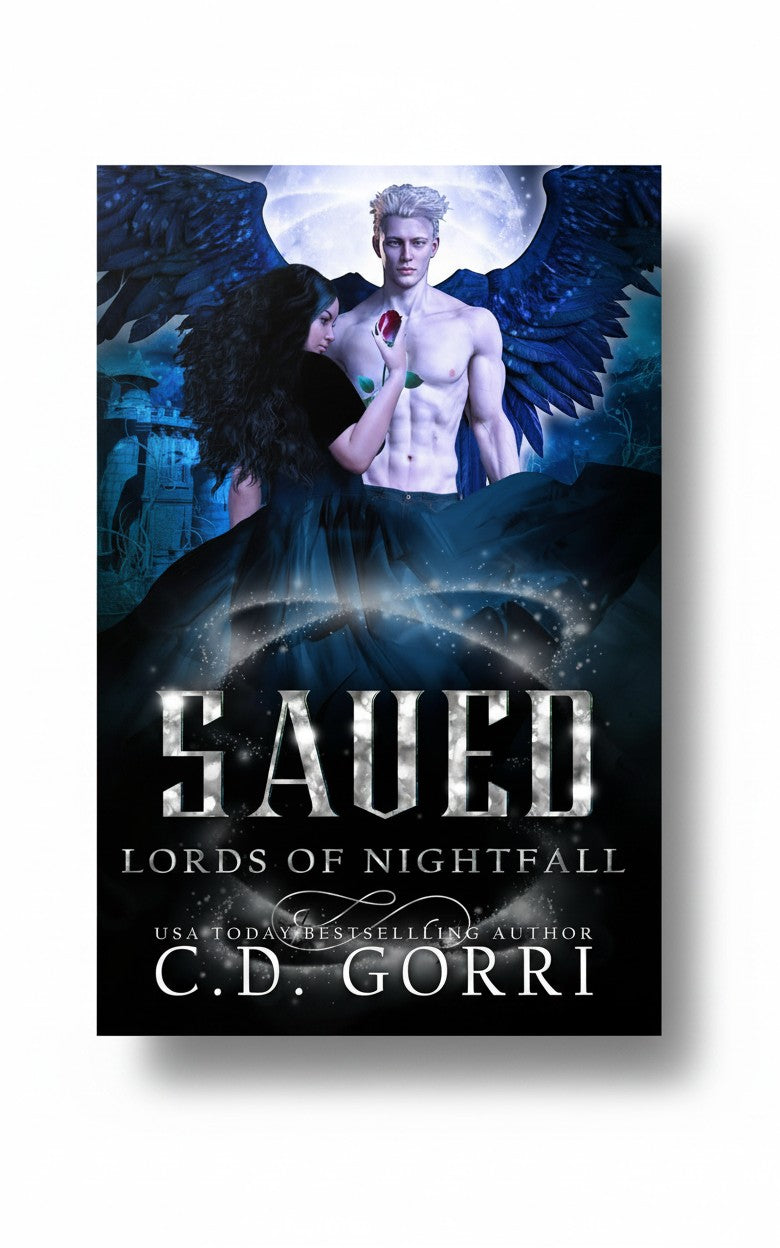 BestBuyBook cover art for Saved by C.D. Gorri featuring a winged demon and a woman holding a rose in a dark fantasy setting