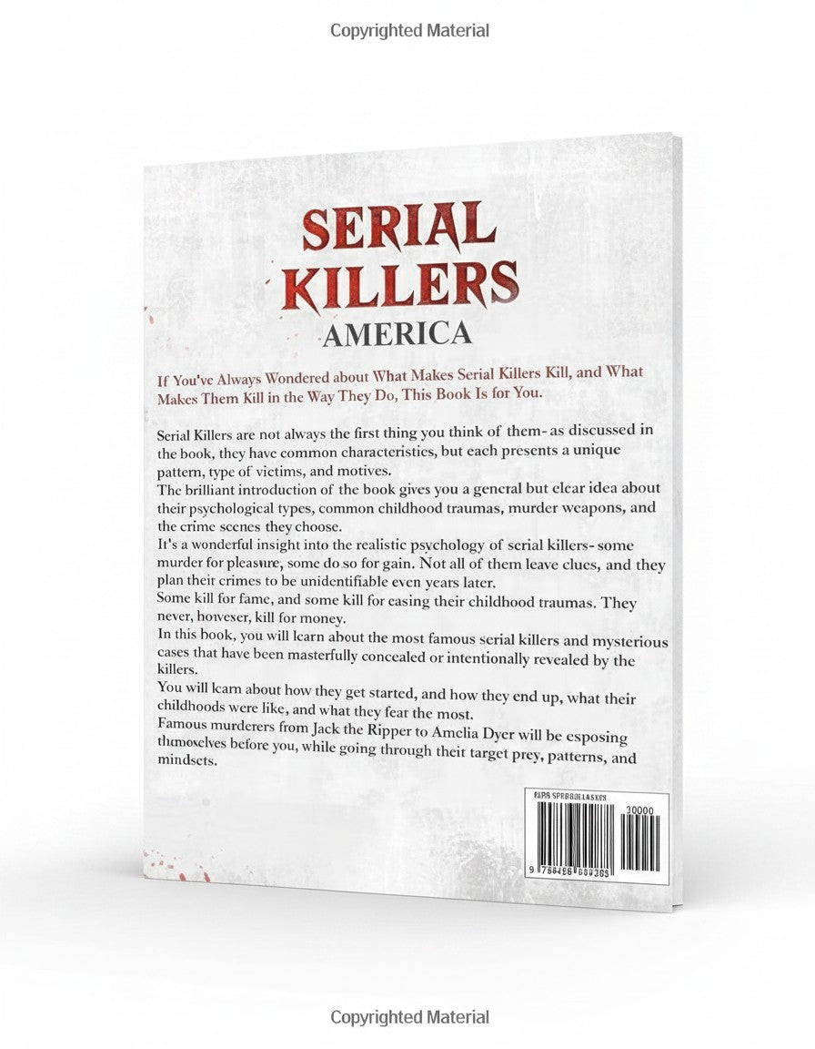 BestBuyBook back cover of Serial Killers America true crime book featuring a white background and red text