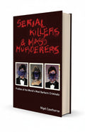 BestBuyBook Serial Killers and Mass Murderers book cover with dark red background and three redacted portrait photos.