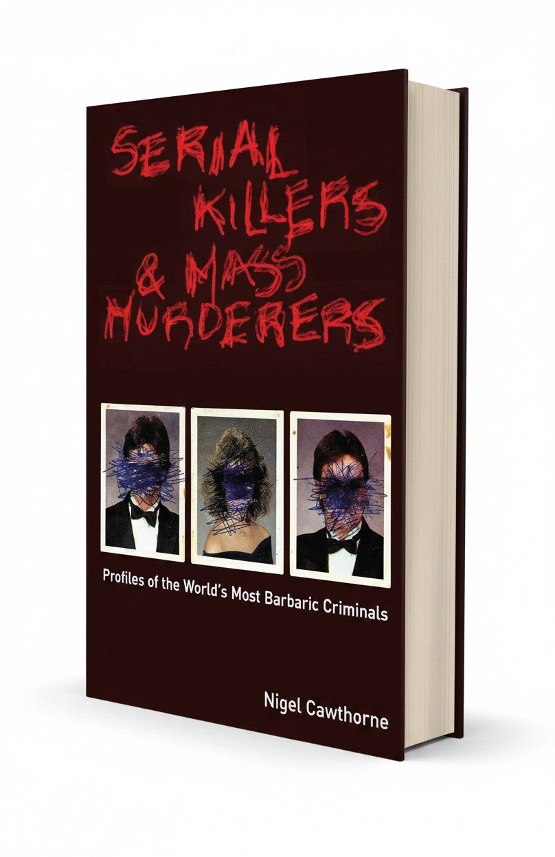 BestBuyBook Serial Killers and Mass Murderers book cover with dark red background and three redacted portrait photos.