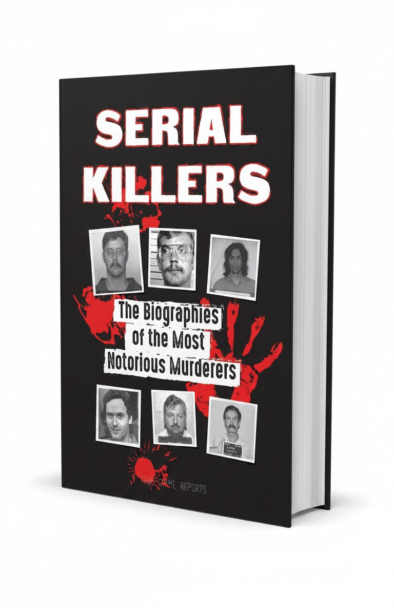 BestBuyBook Serial Killers true crime biography book with black cover, red blood splatter design, and mugshot photos.