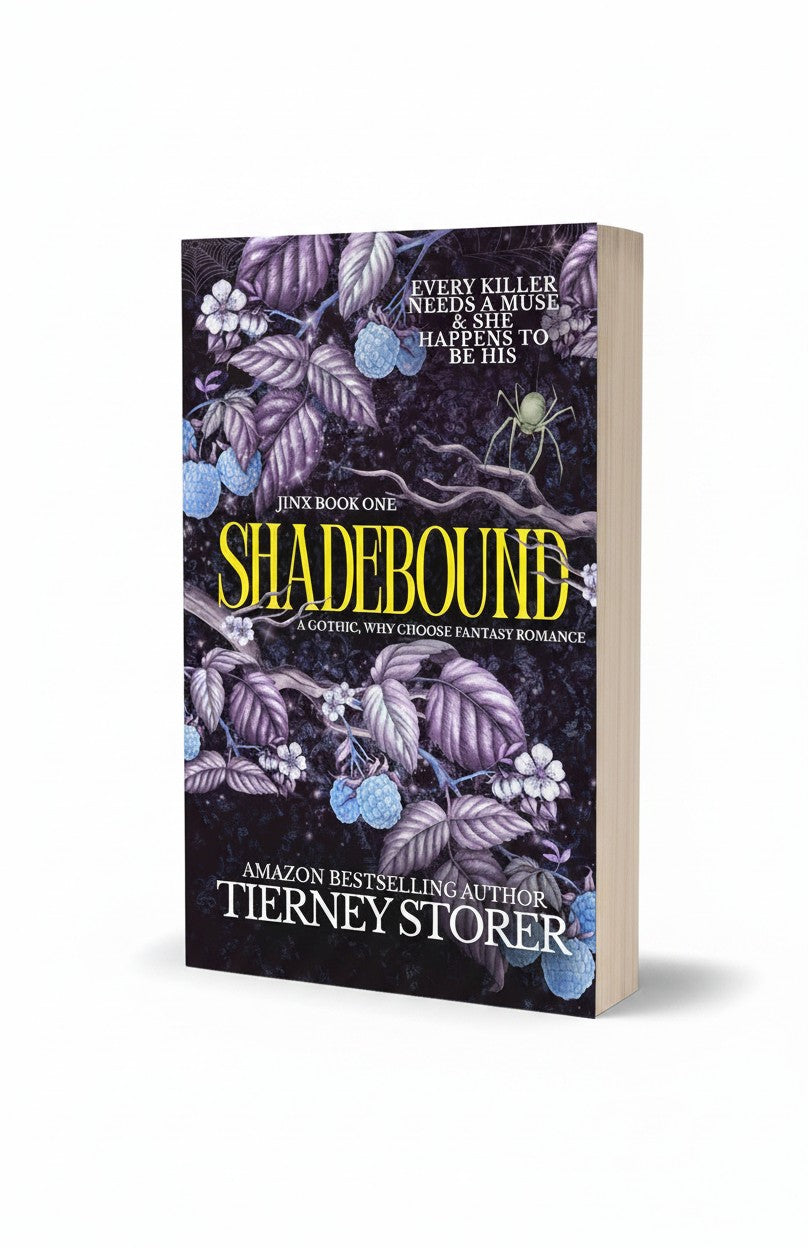 BestBuyBook Shadebound by Tierney Storer, a dark fantasy romance book cover with purple berries and a spider.