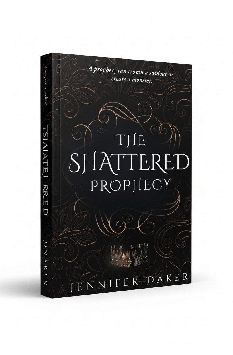 BestBuyBook The Shattered Prophecy fantasy romance novel cover with black background, gold filigree, and crown illustration.