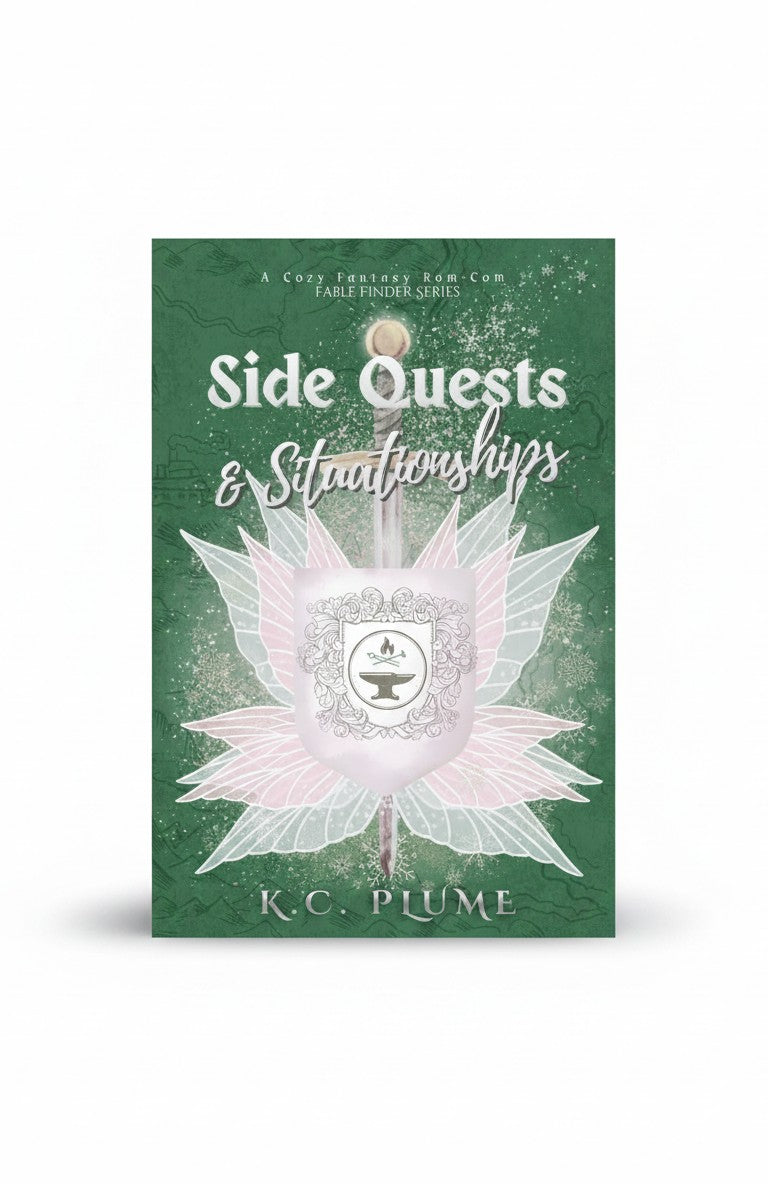 BestBuyBook cover of Side Quests & Situationships by K.C. Plume featuring a green background, sword, shield, and wings.