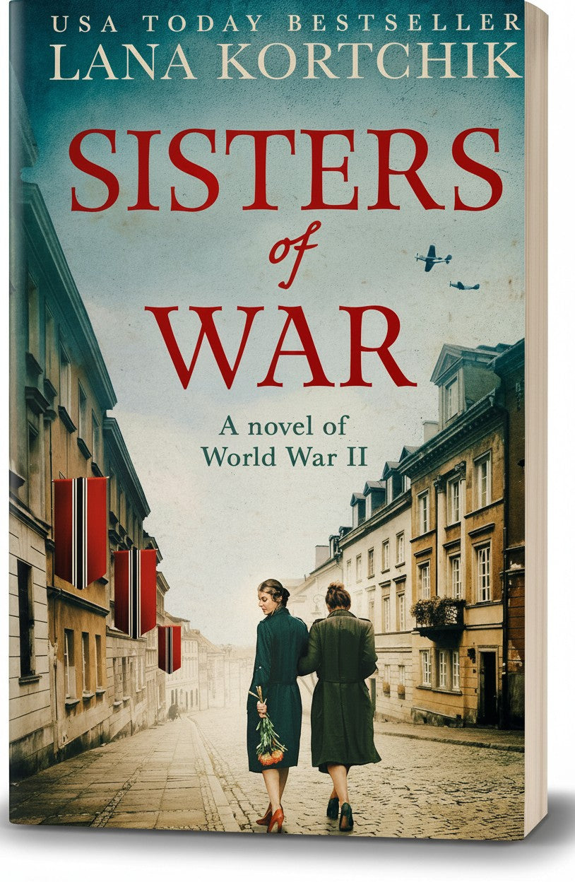 BestBuyBook Sisters of War historical novel cover featuring two women walking down a cobblestone street in wartime Kiev.