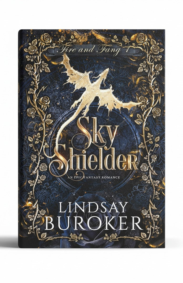 BestBuyBook Sky Shielder by Lindsay Buroker fantasy romance book cover with gold dragon and rose illustrations