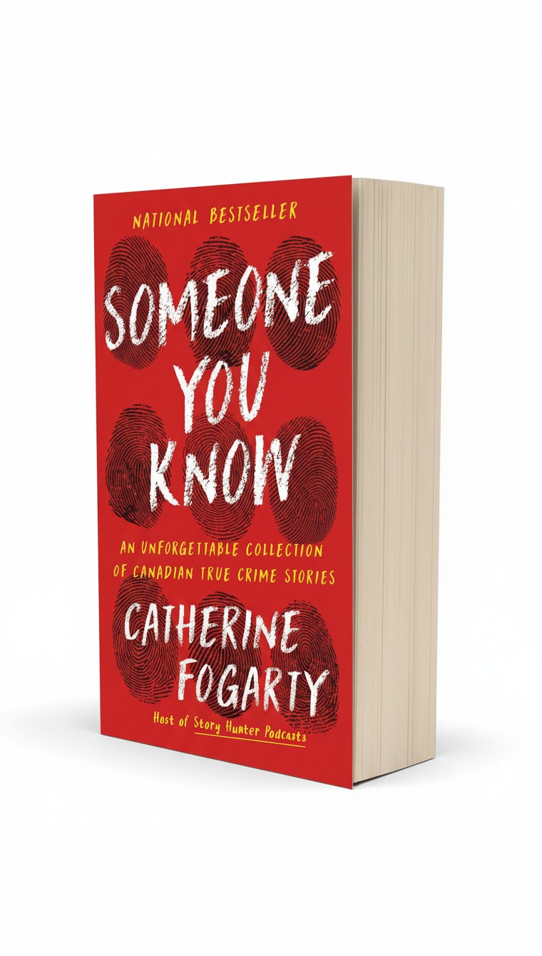 BestBuyBook Someone You Know by Catherine Fogarty, a red true crime book cover with black fingerprint graphics.