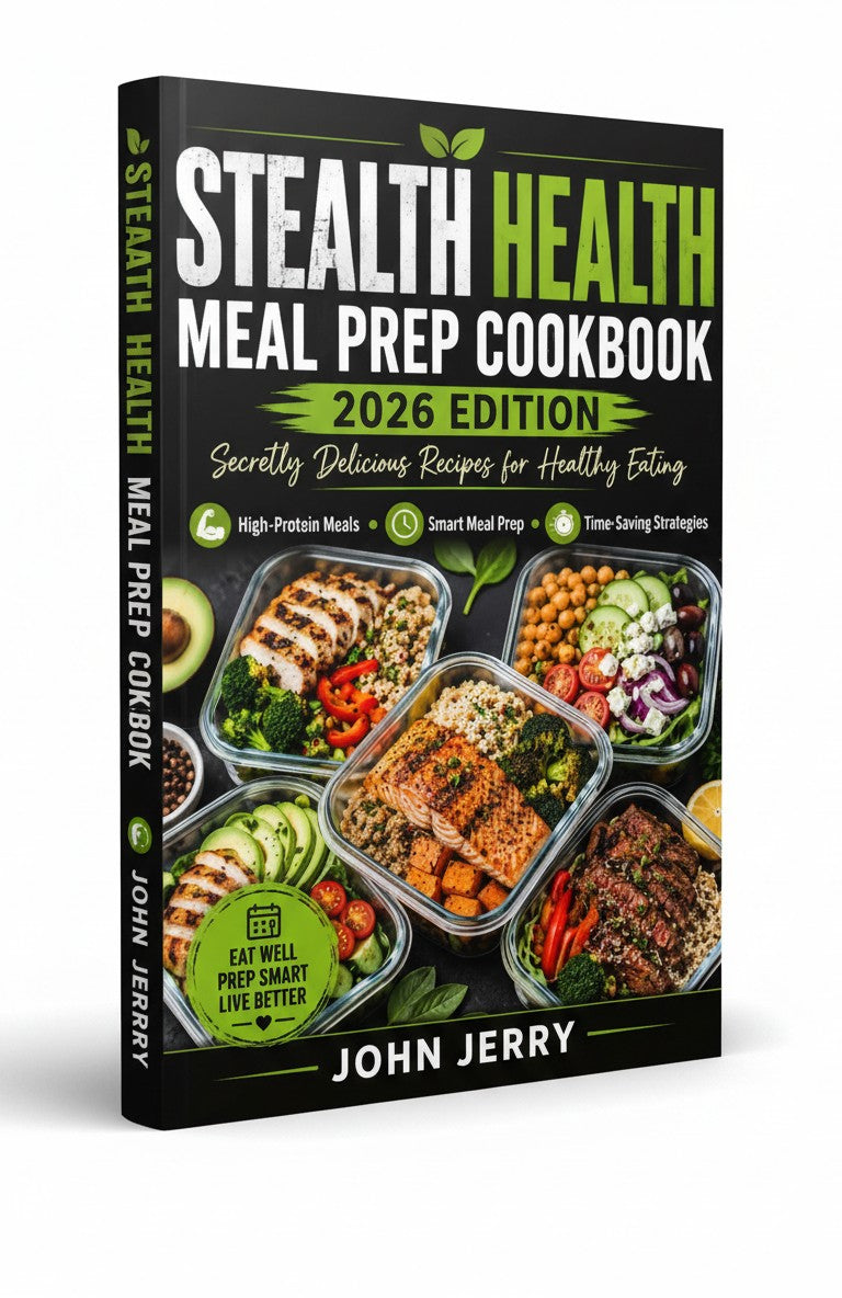BestBuyBook Stealth Health Meal Prep Cookbook 2026 Edition featuring high-protein meal containers on a black cover.