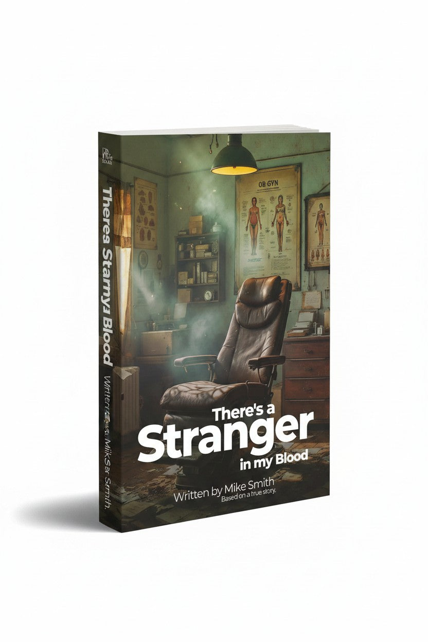 BestBuyBook book cover for There's a Stranger in my Blood featuring a vintage medical office and leather chair.